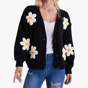 Migratory Bird Guide Y2K Daisy Crochet Flower Cardigan Sweater Medium Black Boho